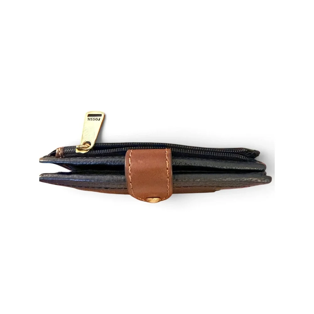 Fossil Trifold Wallet Black Pebbled Leather Brown Trim Card Slots Small